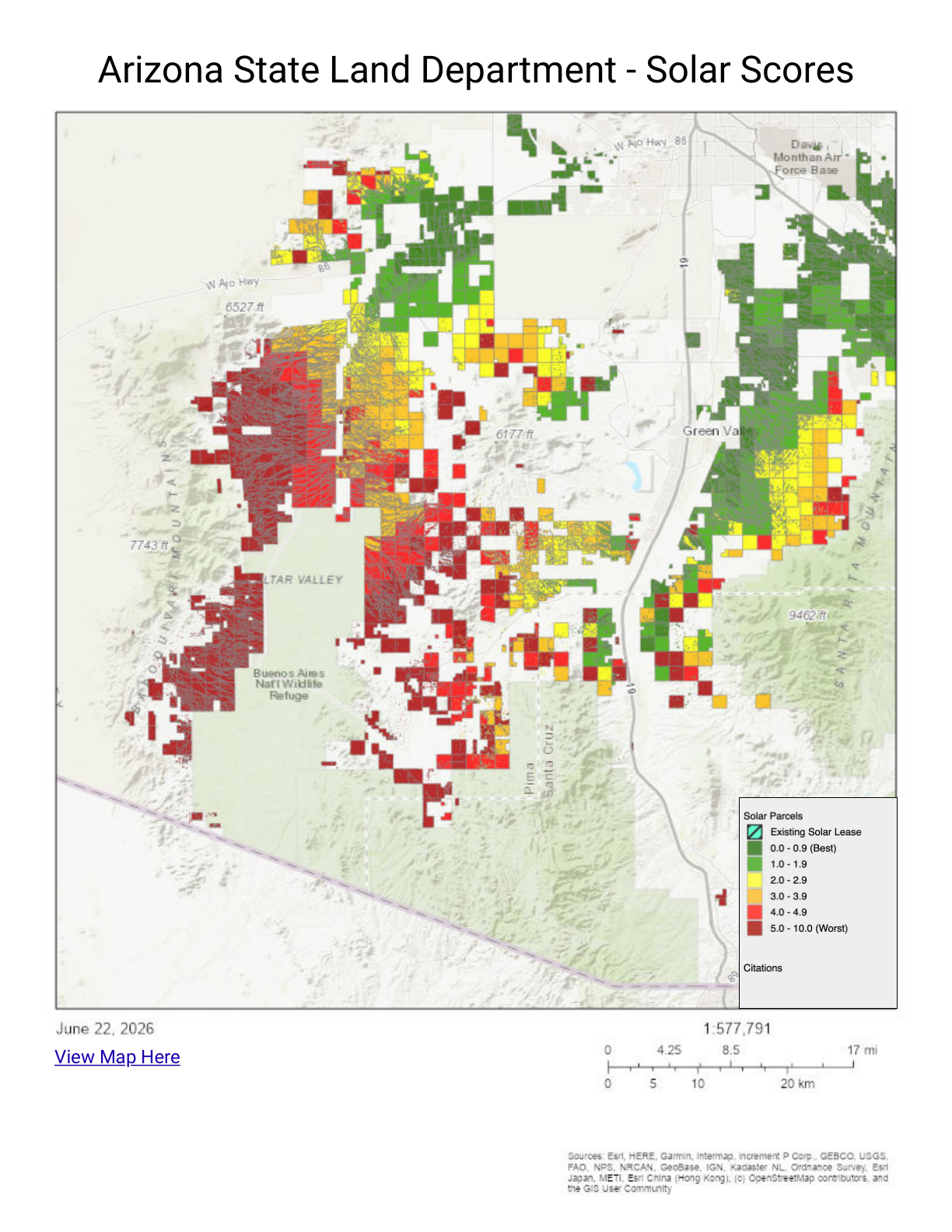 Arizona State Land Department solar scores map for the surrounding region