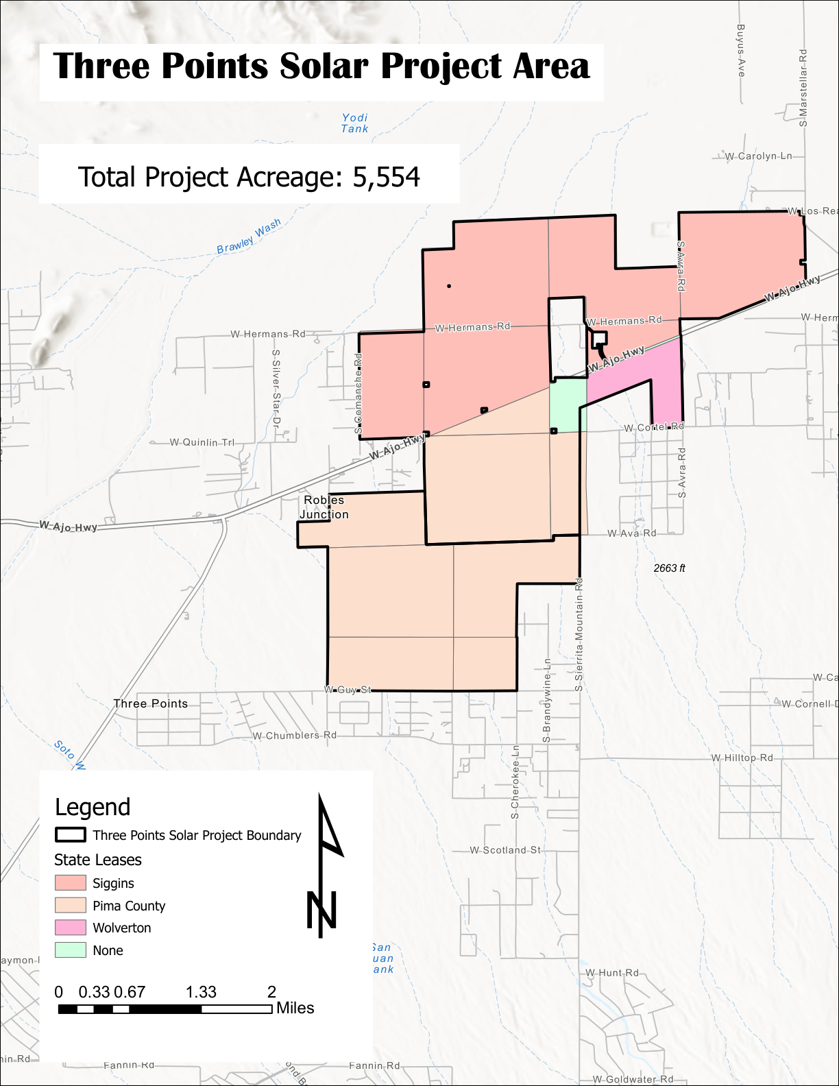 Map showing the Three Points Solar Project area around Robles Junction, totaling 5,554 acres